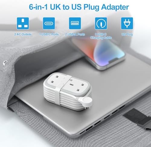 UK to US Plug Adapter with 1.5M Extension Cable, BEVA 2 Way 3 USB (2A+1C) Travel Adapter with Retractable USB C Cable for American, Thailand, Canada, Mexico, Type B - Image 2