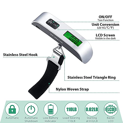 Travel Luggage Scale, Digital Luggage Weighing Scales for Suitcase with Temperature Reading 50 Kg Capacity (Silver) - Image 2