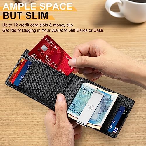 Wallets Mens Slim RFID Blocking Carbon Fiber Leather Wallets for Men UK with up to 12 Credit Card Slots, Strong Money Clip, Minimalist Bi-Fold Mens Wallets with Gift Box - Black - Image 2