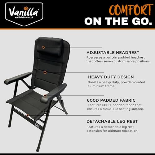 Vanilla Leisure Camping Chair & Leg Rest Set - Heavy Duty Max 150kgs Load Camping Chairs for Adults - Extendable Headrest & 7 Reclining Positions - Chair for Picnic Festival & Travel - D80xW63xH112cm - Image 3