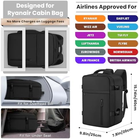 Cabin Bags 40×20×25 for Ryanair Underseat Carry-ons Travel Backpack Hand Luggage Bag Cabin Size 20L Flight Rucksack Casual Daypack School Office Backpack Fit 14 Inch Laptop-Black - Image 2