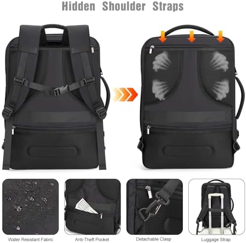 Tzowla Travel Laptop Backpack Cabin Size 40L Mens Womens,Carry on Large Capacity Anti Theft Backpacks for Travelling with USB Charging Port,Business Causal Daypack Bag Fits 17.3Inch Laptop,Black - Image 5