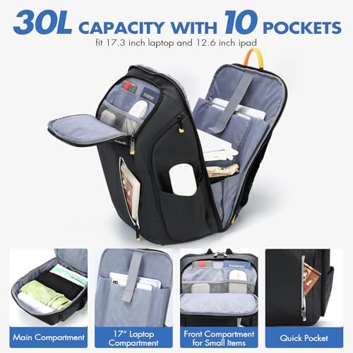 Laptop Backpack for Men - 900D Travel Backpack fit 17.3 Inch Laptop, Tech Backpack with USB Charging Port Anti-Theft Pocket, 30L Smart Rucksack for College Business Work Overnight Black - Image 2