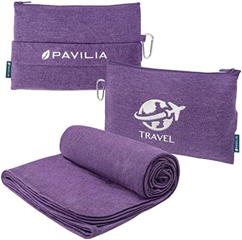 PAVILIA Soft Compact Travel Blanket and Pillow, Foldable Airplane Blanket in Bag, Lightweight Portable Flight Blanket Set with Luggage Strap, Camping Plane Car Home Office Gift Accessories, Purple