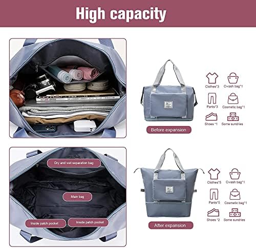 Large Capacity Folding Travel Bag, Lightweight Waterproof Carry on Luggage with Fixed Strap, Dry and Wet Separation Foldable Duffel Bag for Weekender Overnight Sports Gym Bag (Blue) - Image 3