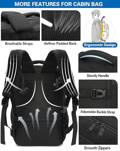Cabin Bag 55x40x20cm Travel Backpack Hand Luggage Carry-ons Bag 44L Laptop Backpack Ruscksack for Airplanes Flight Cabin Bags Fit 17.3 Inch Laptop Black - Image 5