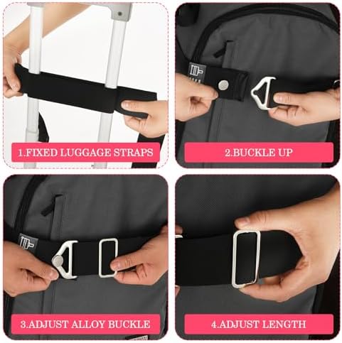 2-in-1 Travel Belt for Luggage Straps Over Handle for Add a Bag, Adjustable Travel Luggage Belt Strap with Alloy Buckle Elastic Belt for Carry On Bag, Suitcase Strap Travel Accessories(Black) - Image 5