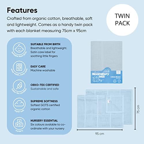 Bloomsbury Mill - Cellular Blankets Baby - Soft 100% Organic Cotton Baby Blanket - Pack of 2 - Baby Essentials For Newborn - Ideal for Cot Bed, Travel, Car Seat, Pram, Moses Basket - Blue 75x95cm - Image 2