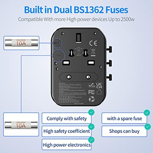 Worldwide Travel Adapter with USB C and A Port, All-in-one Universal Plug Carry Pouch Dual 10A Fuses International Power 4 Plugs Trips to US AU Europe UK - Image 6