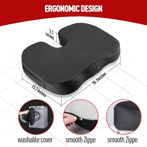 Memory Foam Seat Coccyx Cushion for Office Chair Pain Relief Cushion Pillow for Back Support Non-Slip Seat Pad for Office Desk, for Car, Travel and Wheelchair, Sciatica-Black - Image 2