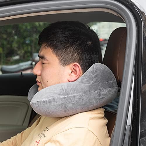 Inflatable Travel Pillow - 100% Soft Velvet Neck Support for Traveling, Airplanes, Trains, Cars, and Offices with Compact Carrying Bag, Breathable and Washable Cover, Ideal for Adult Sleepers (Grey) - Image 3