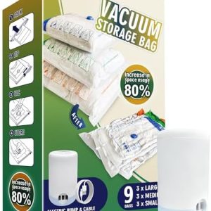 STORAGE MASTER Space Saver Bags for Travel and Home Reusable, 9 Pack Vacuum Storage Bags Save 80% More Storage Space, with Electric Air Pump