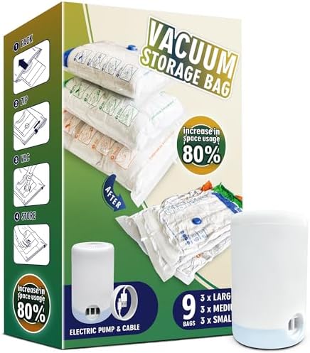 STORAGE MASTER Space Saver Bags for Travel and Home Reusable, 9 Pack Vacuum Storage Bags Save 80% More Storage Space, with Electric Air Pump