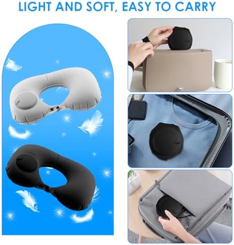 2Pcs Inflatable Travel Pillow Press Automatic Inflatable Travel Neck U Shape Portable Pillow Neck&Head Support Christmas Thanksgiving for Sleeping, Airplane,Train, Car, Office, Camping (Grey/Black) - Image 5