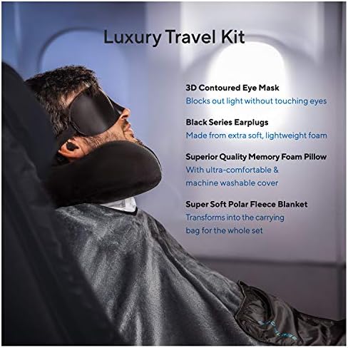 Travel Blanket Luxury Travel Set, Ergonomic Airplane Neck Pillow 100% Memory Foam and Super Soft Fleece Blanket, Premium 3D Sleep Mask & Earplugs, Black - Image 2