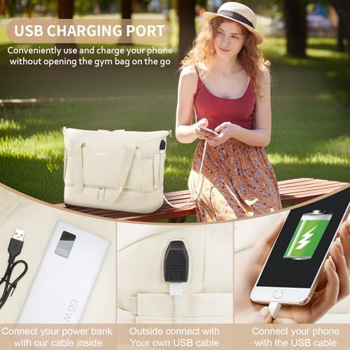 ETRONIK Gym Bag Womens, Sports Travel Duffel Bag with USB Charging Port, Weekend Overnight Bag for Women with Wet Pocket and Shoes Compartment, Hospital Bag, Beige - Image 6