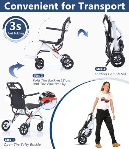 Ultra Light Portable Folding Transport Wheelchair Weight Only 8kg, Lightweight Transport Travel Chair Support 120Kg, Aluminum Wheelchair for Adults and Seniors - Image 3