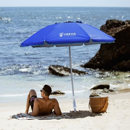 AMMSUN 6.5ft Twice Folded Portable Beach Umbrella with Sand Anchor Windproof,Push Button Tilt and Air Vent UV 50+ Protection Fits in a Large Suitcase for Patio Garden Beach Pool Backyard Blue - Image 3