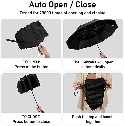 ECOHUB Travel Umbrella Windproof Strong With Compact Foldable, Automatic Open/Close, 10 Sturdy Ribs, Recycled PET Fabric, Wooden Handle & Ventilated Waterproof Canopy - Anti-Lost Sleeve, Black - Image 7