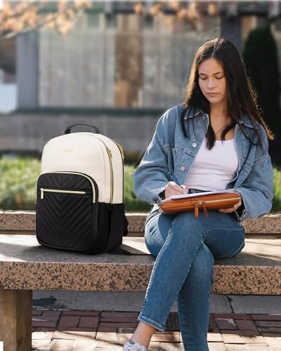 LOVEVOOK Laptop Backpack Womens,15.6 Inch Rucksack Bag for Women,School College Travel University Back Pack,Lightweight Large Work Bags with USB Charging Port, Ladies Backpacks, Black Beige - Image 6
