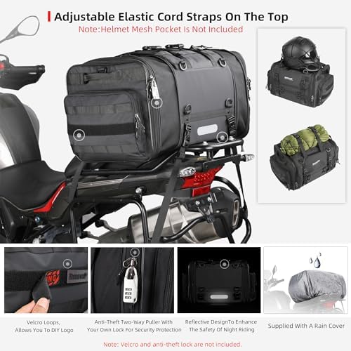 Rhinowalk Motorcycle Tail Bag 33-45L Motorcycle Rear Seat Bag Expandable Motorbike Helmet Bag with Waterproof Rain Cover Travel Luggage Bag Storage Bag - Image 7