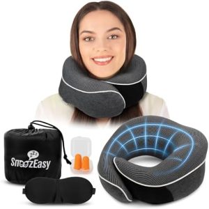 SnoozEasy™ Travel Pillow for Adults | Memory Foam 360 Degree Neck Support with Removable Pillow Case | Includes Travel Bag, Eye Mask and Ear Plugs | Dark Grey | UK Brand
