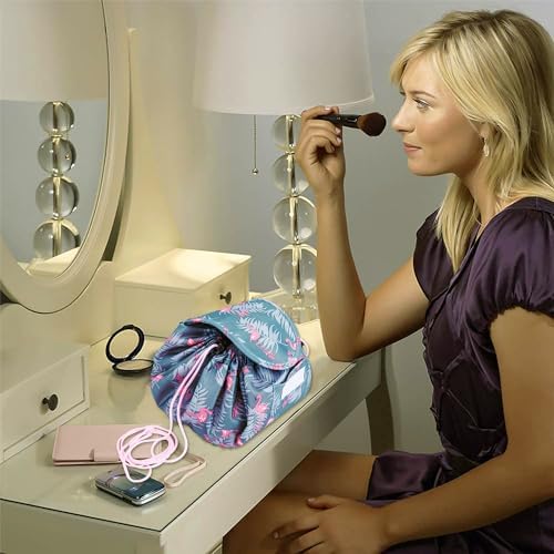 Lazy Drawstring Makeup Bags, Large Capacity Waterproof Travel Portable Cosmetic Bag Pouch Makeup Pouch Storage Organiser for Women Girl (Flamingo) - Image 7