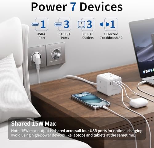 UK to European Plug Adapter with 1.5M Extension Cable, Aodeng 4 Way Travel Extension Lead with 4 USB Compact Cube Type E/F Travel Adapter for Germany France Spain Poland Greece Netherlands etc. - Image 2