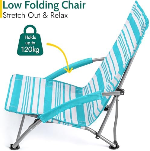 Trail Low Folding Beach Chair, Lightweight Portable Deck Sun Lounger Seat, Camping Festival Picnic Garden, Padded Armrests, Anti Sink Feet, Carry Bag with Strap (Blue Stripe) - Image 4