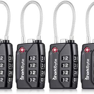 SharkByte TSA Approved Suitcase Locks - 4-Dial Security Travel Combination Padlock, Flexible Cable Wire Travel Lock for Suitcases, Luggage locks, Case Travel Bag Gym Locker Code Small PadLock (Pack 4)