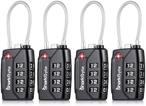 SharkByte TSA Approved Suitcase Locks - 4-Dial Security Travel Combination Padlock, Flexible Cable Wire Travel Lock for Suitcases, Luggage locks, Case Travel Bag Gym Locker Code Small PadLock (Pack 4)