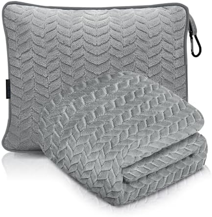 Camping Blanket Packable Soft Travel Blanket Pillow, Airplane Fleece, Luxurious Compact Design for Plane, Car, Camping, Flight Essentials & Travel Accessories in Elegant Gray big size