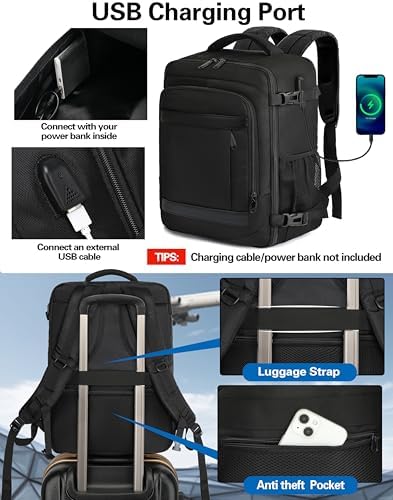 Cabin Bag 55x40x20cm Travel Backpack Hand Luggage Carry-ons Bag 44L Laptop Backpack Ruscksack for Airplanes Flight Cabin Bags Fit 17.3 Inch Laptop Black - Image 6
