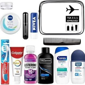 SupremeSelects Mens Travel Toiletries Set-Travel Essentials, Holiday Essentials for Vacation, Hospital Stay, Camping, Overnight Stay-Airport Security Approved, Travel Bottles for Toiletries