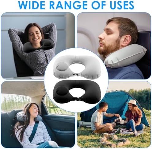 2Pcs Inflatable Travel Pillow Press Automatic Inflatable Travel Neck U Shape Portable Pillow Neck&Head Support Christmas Thanksgiving for Sleeping, Airplane,Train, Car, Office, Camping (Grey/Black) - Image 4