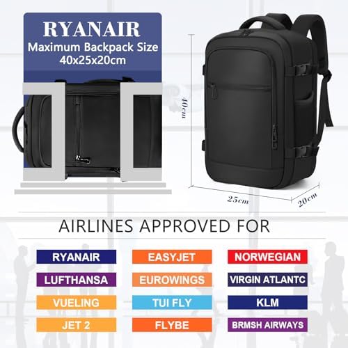 for Ryanair Cabin Bags 40x20x25 Underseat Travel Backpack Carry-Ons Hand Luggage Cabin Bag Size 20L, Daypack School Office Bag with USB Port, Trolley Sleeve, Anti Theft Pocket - Black - Image 2