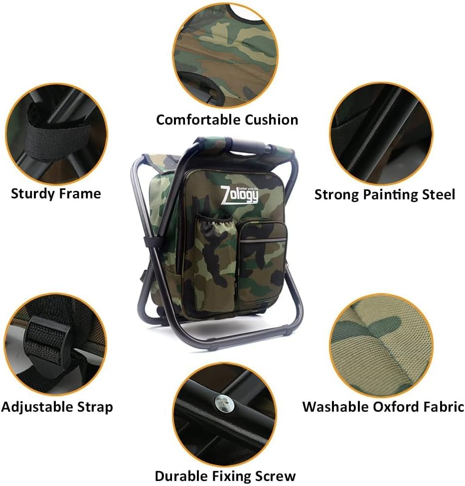 Folding Camping Chair Stool Backpack with Cooler Insulated Picnic Bag, Camouflage Portable Hiking Seat Table Bag for Outdoor Indoor Fishing Travel Beach BBQ - Image 9