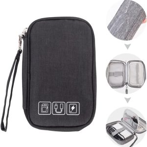 Small Electronic Accessories Organizer, Handhled Acopton Universal Compact Travel Digital Accessories Storage Bag for Portable Charger, Cables, Earphone, Cord, SD Card, Phone (Black)