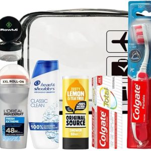 Men's essential travel toiletries kit, including clear travel bag, shampoo, roll on XXL deodorant, shower gel, tooth paste, a portable travel toothbrush with built in case and 2 small empty pots