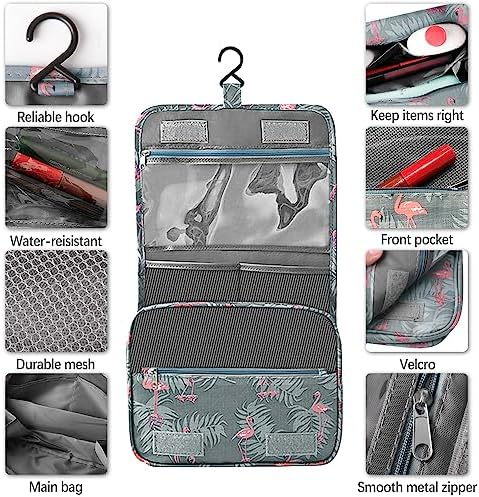 Hanging Toiletry Bag, Travel Wash Bag Womens Cosmetic Bag Waterproof Shaving Bag Toiletries, Shower Bathroom with Handle (Flamingo) - Image 3