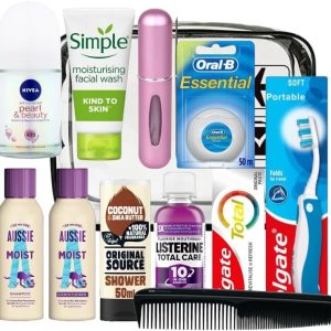 Womens Essential Travel Toiletry Bag including a clear toiletry bag, roll on deodorant, shampoo and condition, shower gel, toothbrush, toothpaste, mouthwash, floss, facial wash, a comb and atomiser