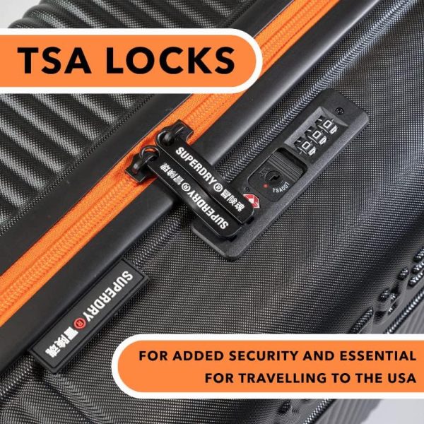Superdry Hard Shell Travel Suitcases - Lightweight, Robust, TSA Locks, with 8 Smooth Spinner Wheels, Telescopic Trolley, Clothing Retention Straps & High Cap Luggage (Black/Orange, Small) - Image 3
