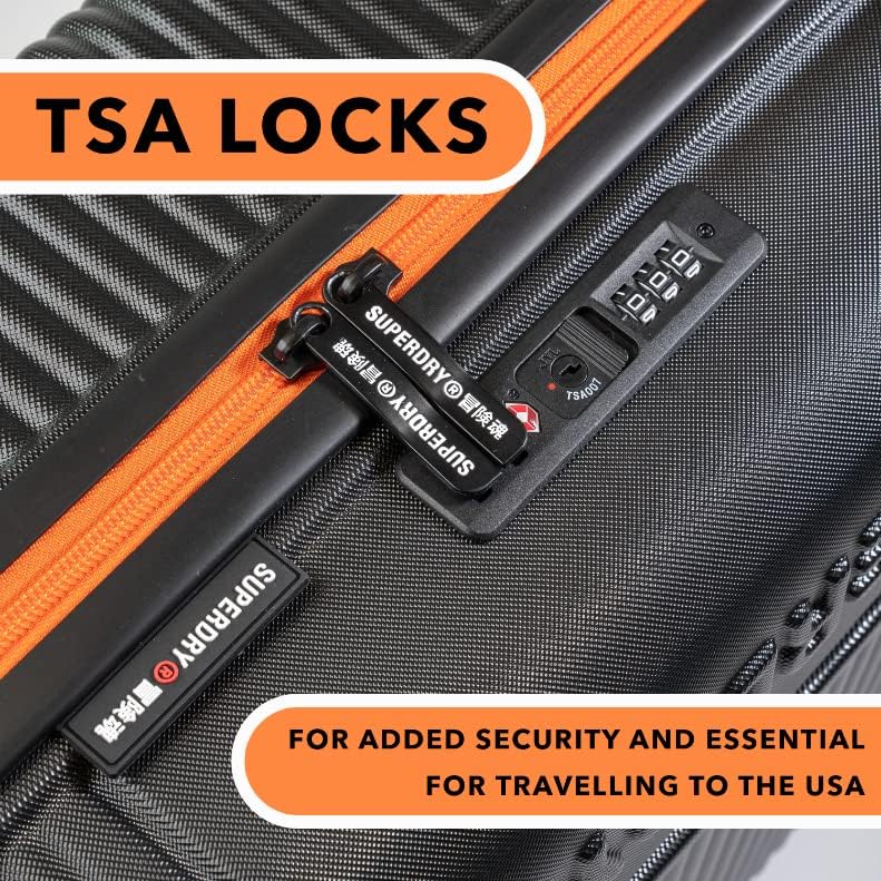 Superdry Hard Shell Travel Suitcases - Lightweight, Robust, TSA Locks, with 8 Smooth Spinner Wheels, Telescopic Trolley, Clothing Retention Straps & High Cap Luggage (Black/Orange, Small) - Image 3