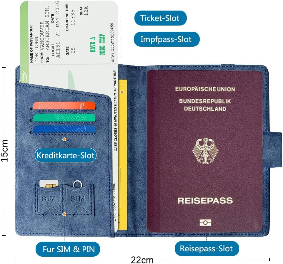 Passport Holder Cover, Leather RFID Travel Wallet Case Organiser with RFID Blocker, Passport Cover for Passport, Business Cards, Credit Cards, Boarding Passes (Blue) - Image 2
